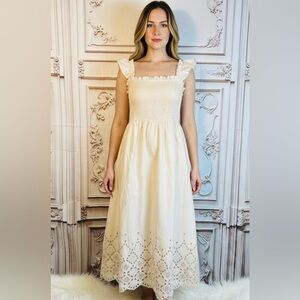 Blu Pepper Cream Smocked Midi Dress with Eyelet Hem